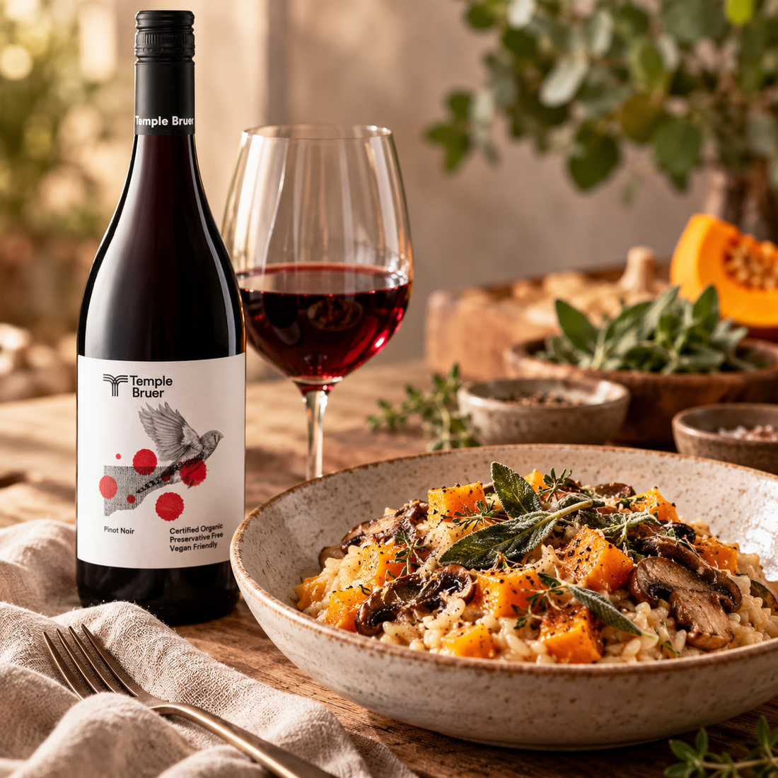 Pinot Noir + Vegan Roasted Pumpkin, Mushroom & Sage Risotto