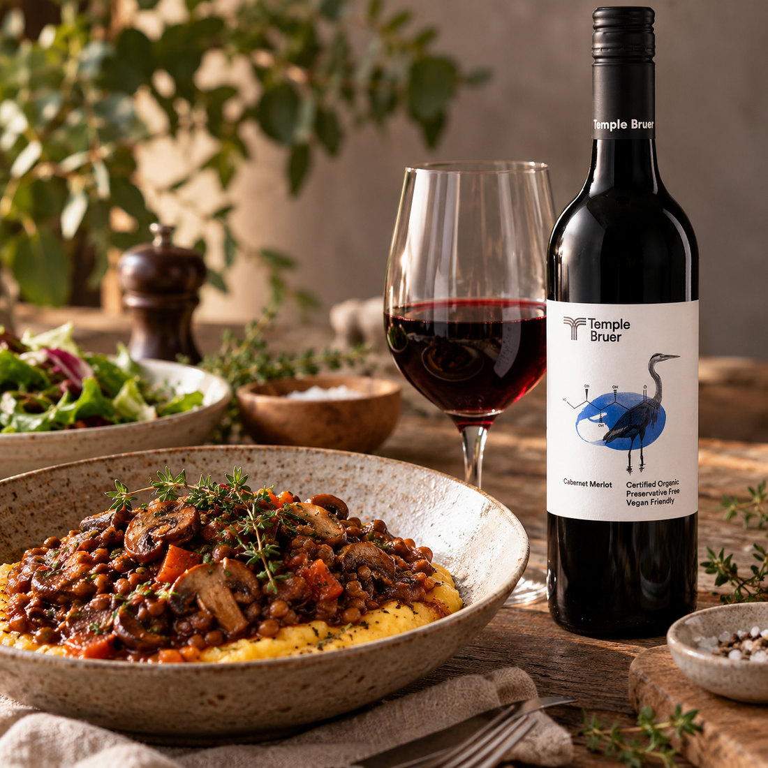 Cab Merlot + Vegan Mushroom & Lentil Ragu with Creamy Polenta