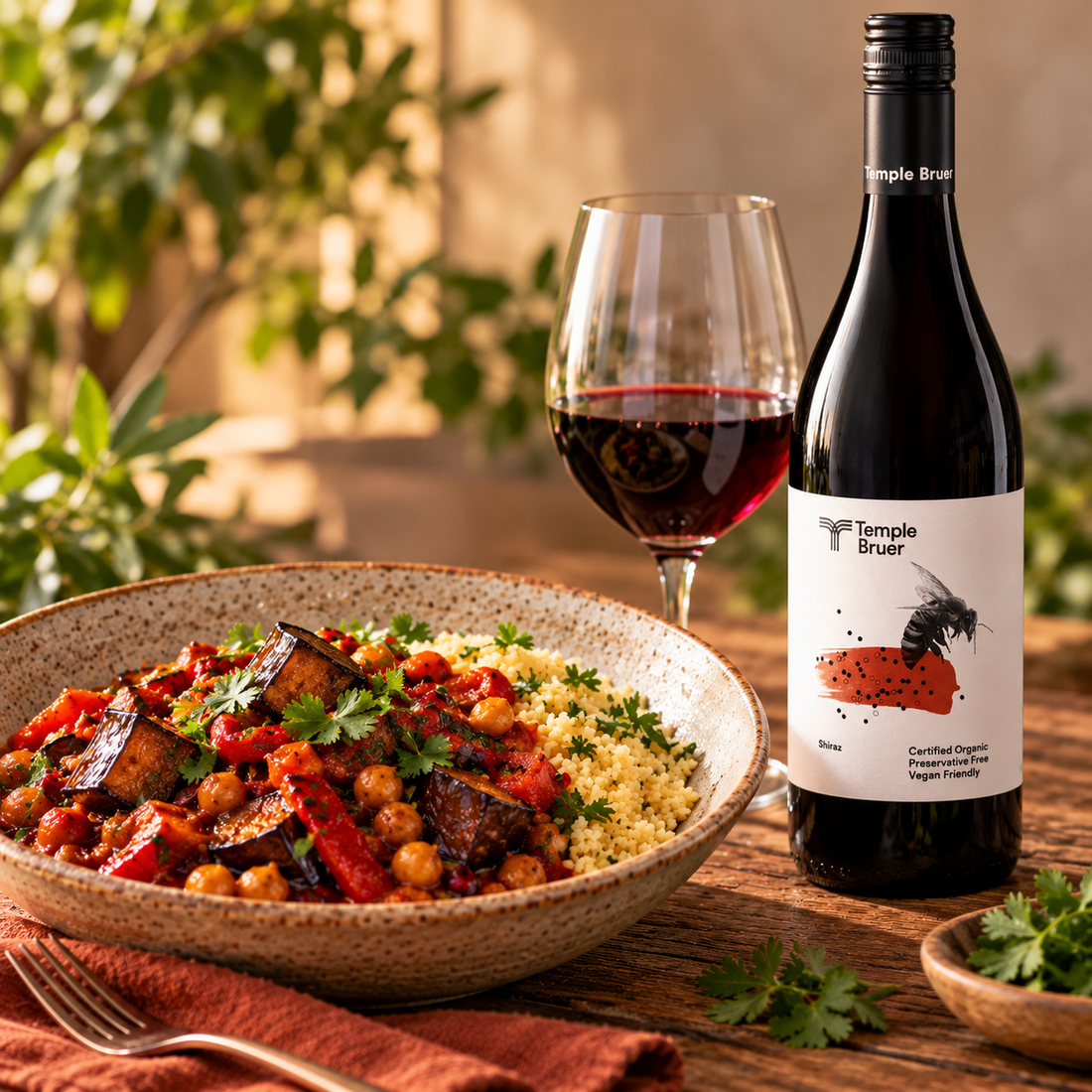 Shiraz + Smoky Eggplant & Chickpea Tagine with Spiced Couscous